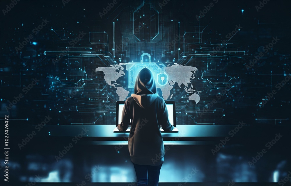 Poster a hooded figure stands in front of a laptop, working on a dark background with a glowing digital wor