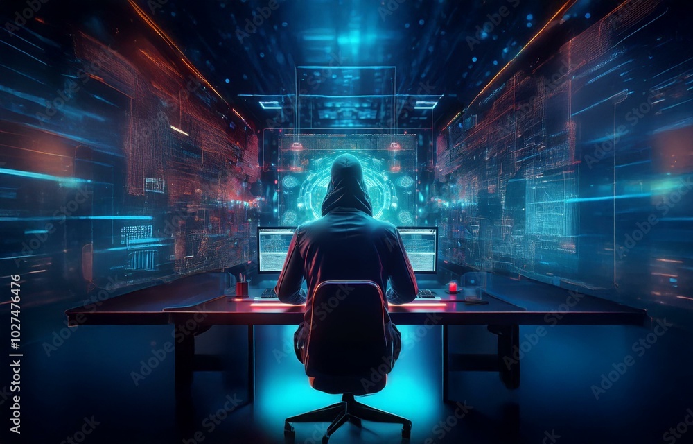 Aufkleber A hooded figure sits in front of multiple computer monitors, illuminated by blue and red glowing lights.
