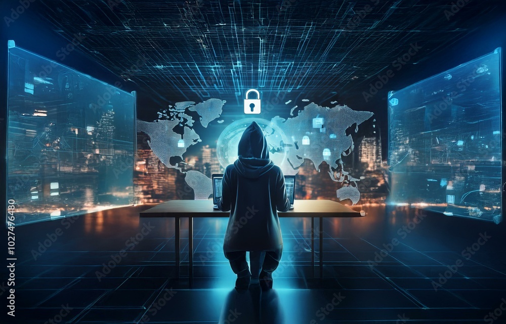 Fototapete A hooded figure sits at a desk in front of two laptops, with a world map and security icons projected in front of them.
