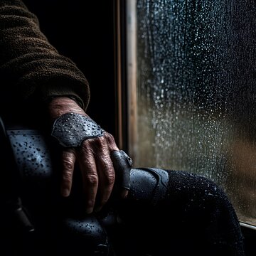 A hand rests on a knee, watching the rain fall outside the window.