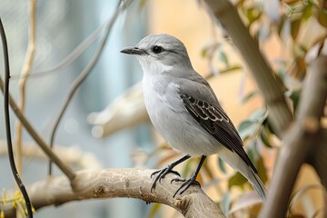 A small, gray bird with a long tail perches on a branch, looking to the left. The bird has black eyes and a black beak. It is perched on a thin, brown branch. 
