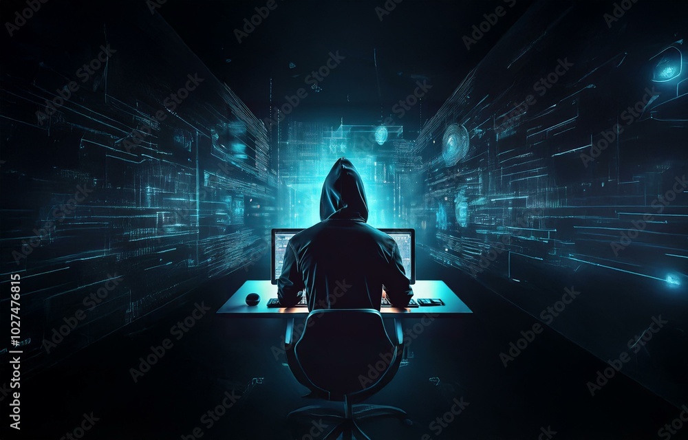 Poster a hooded figure sits in front of a computer in a dark room, illuminated by the blue glow of the scre