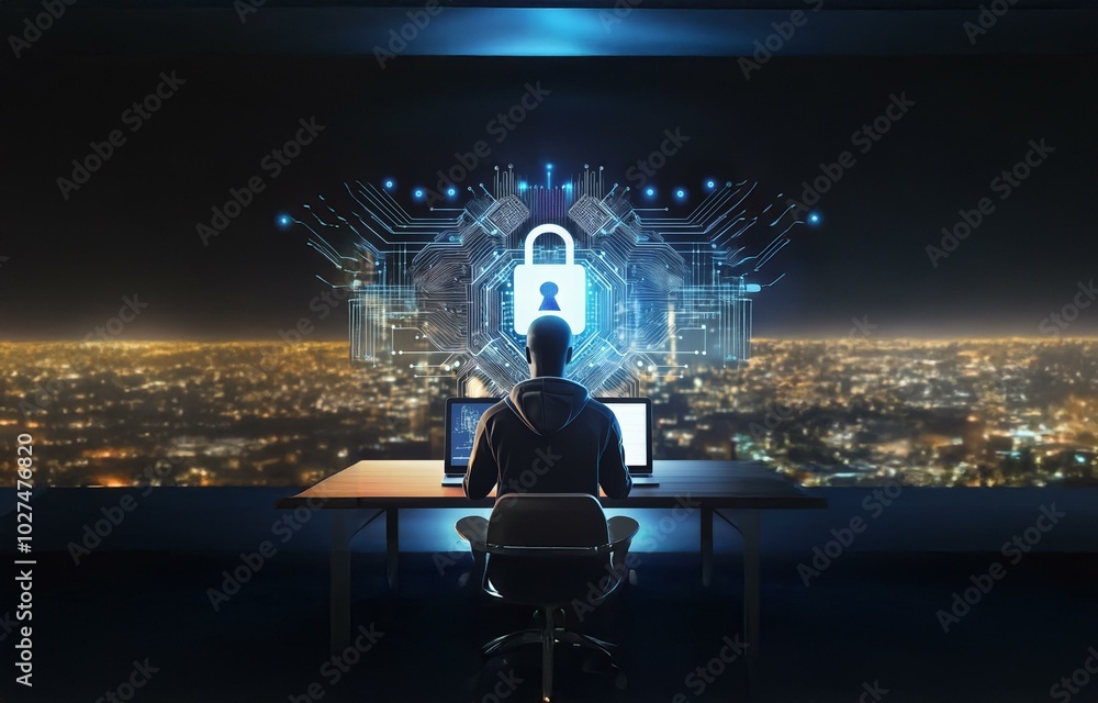 Poster a hooded figure sits at a desk in front of two computer screens, a glowing padlock and digital circu