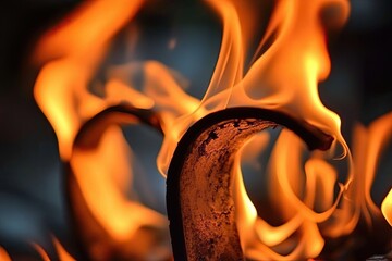 Intense Flames Illuminating Bent Metal in a Forge During Twilight Crafting Moments