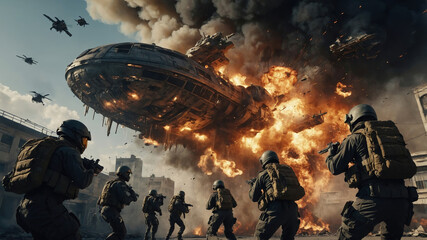 An intense battle scene featuring soldiers engaged in combat amidst explosions, with aircraft flying overhead, highlighting the chaos and action of modern warfare.