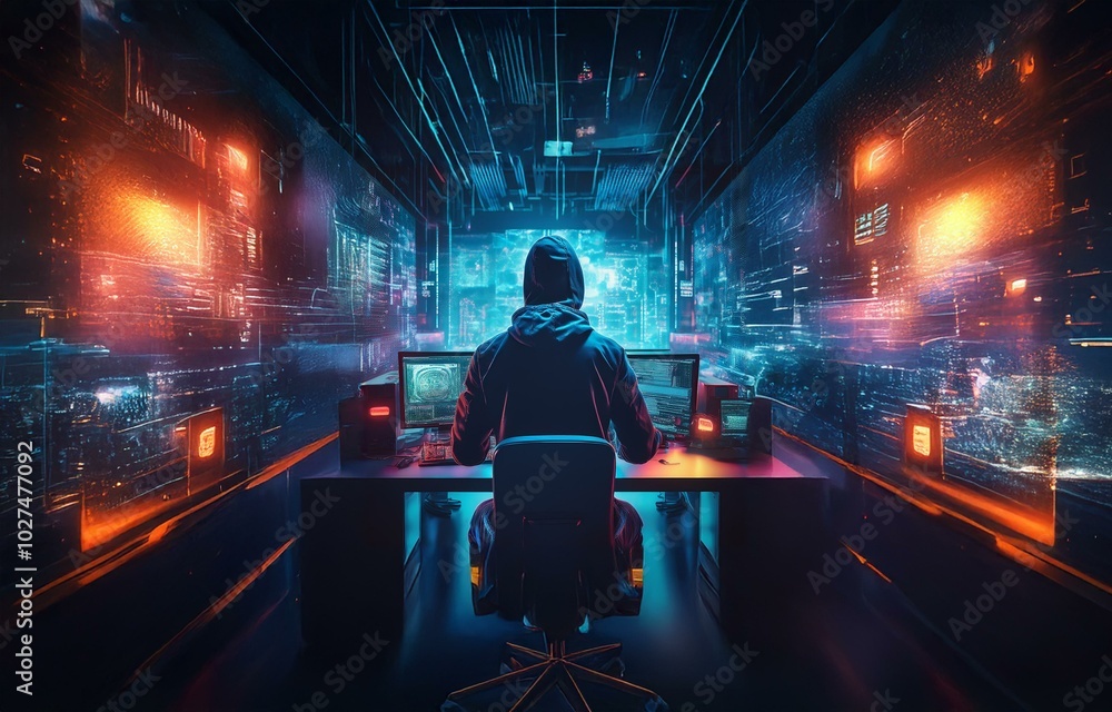 Poster a hooded figure sits at a computer in a dark room surrounded by screens displaying digital data.