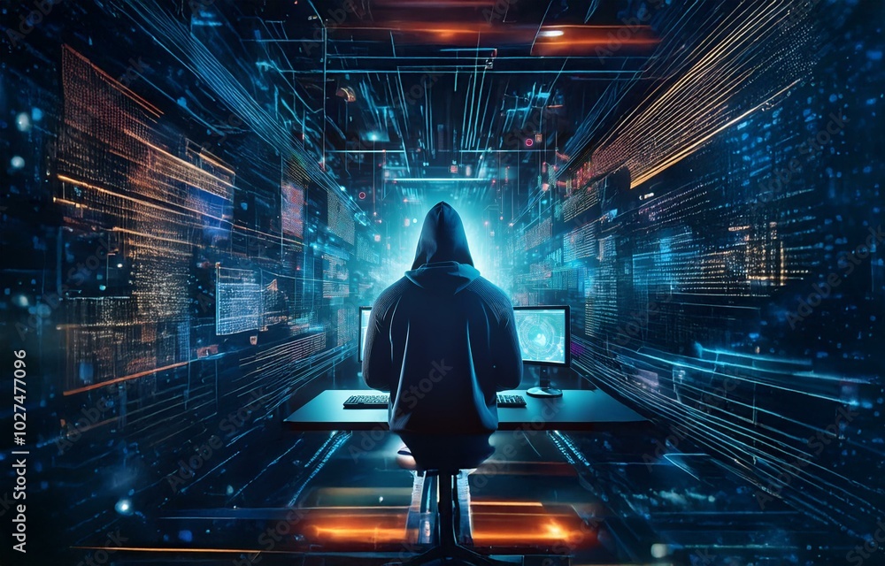 Fototapete a hooded figure sits at a desk in a dark room, surrounded by glowing lines of code and data.