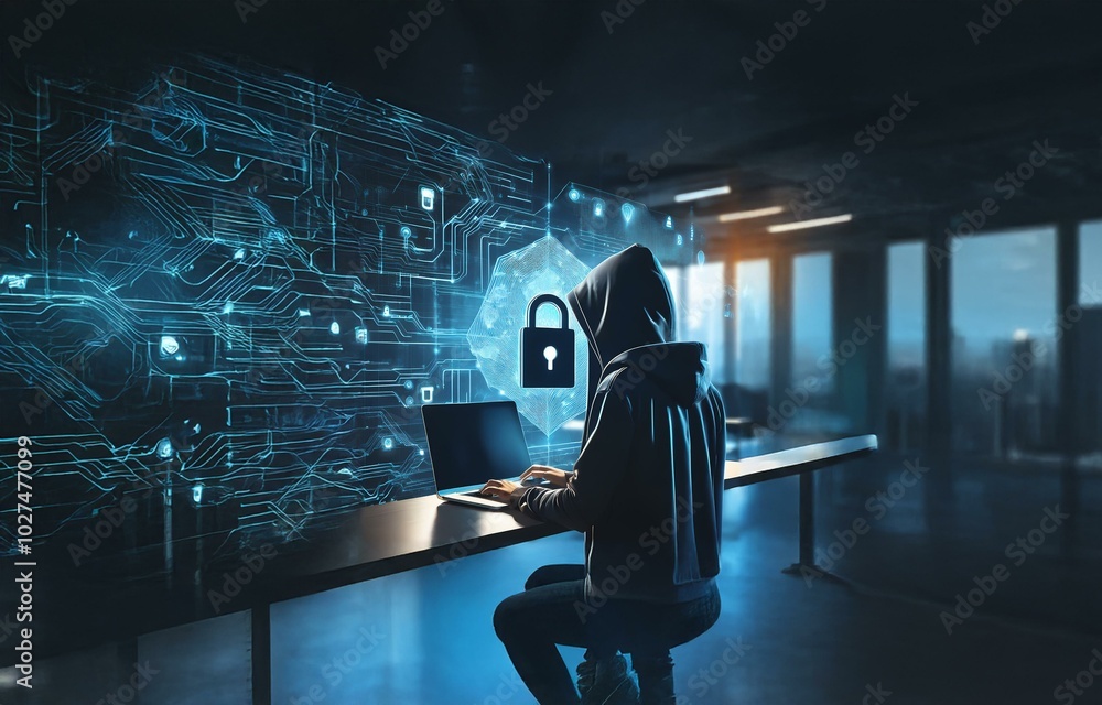 Poster a hooded figure sits at a desk, typing on a laptop with a large glowing padlock behind them.