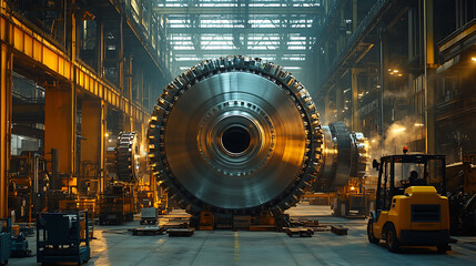 Heavy Machinery Plant: A factory specializing in the production of heavy industrial equipment, with massive machines being assembled. Forklifts and cranes are seen moving large parts,