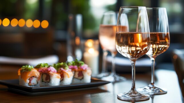 Sophisticated setting with neatly arranged sushi rolls and sparkling wine glasses, offering a luxurious dining experience highlighting high-quality ingredients.