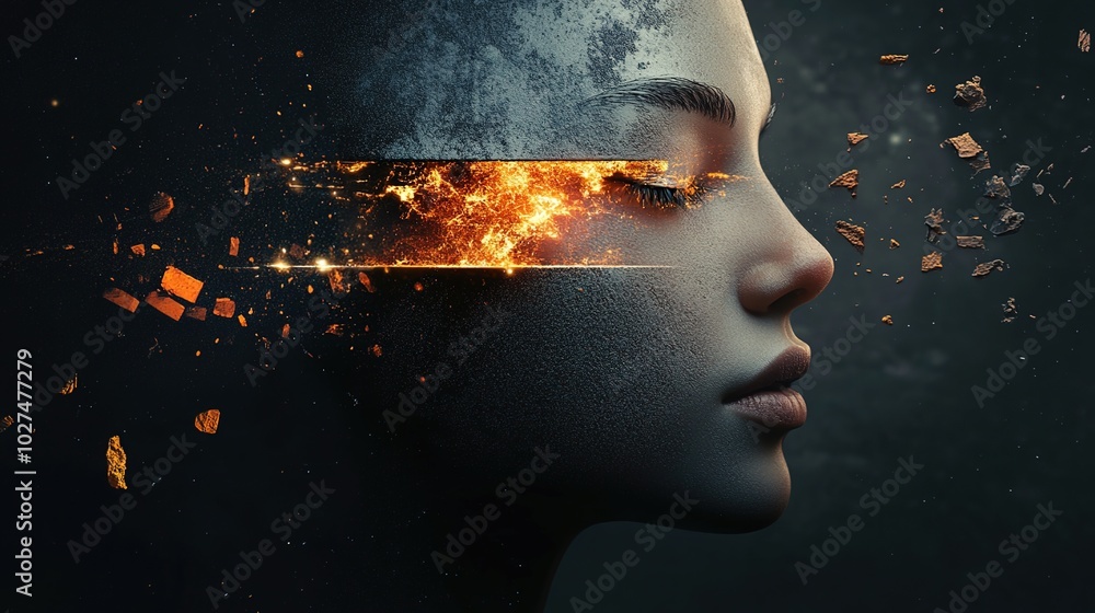 Aufkleber surreal portrait with exploding fragments and light