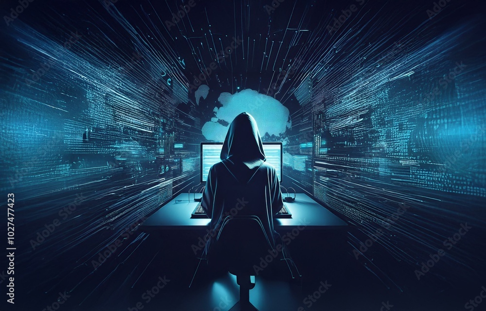 Poster a hooded figure sits in front of a computer in a dark room, illuminated by a screen displaying blue 
