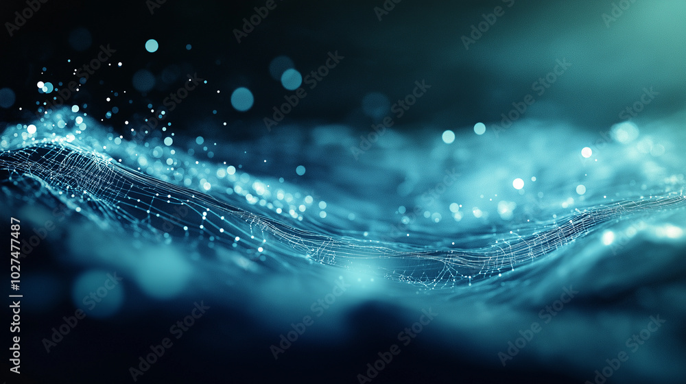 Poster abstract tech background in the form of blue waves, consisting of a large number of digital connecti