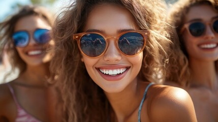 Group of friends enjoying a sunny beach outing, smiling in sunglasses with bright blue sky reflection. Their joyful expressions epitomize friendship and leisure.
