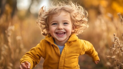 A joyful child with curly hair runs through a field in autumn, wearing a yellow jacket. The sunlight illuminates the lush background of dried grass and foliage.