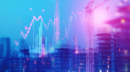 Obraz premium Luxury high-rise apartments under construction with a futuristic overlay of data and stock market analytics