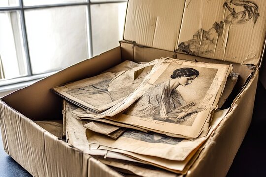 Unpacking a Parcel of Old Photographs and Sketches in a Cozy Room on a Quiet Afternoon