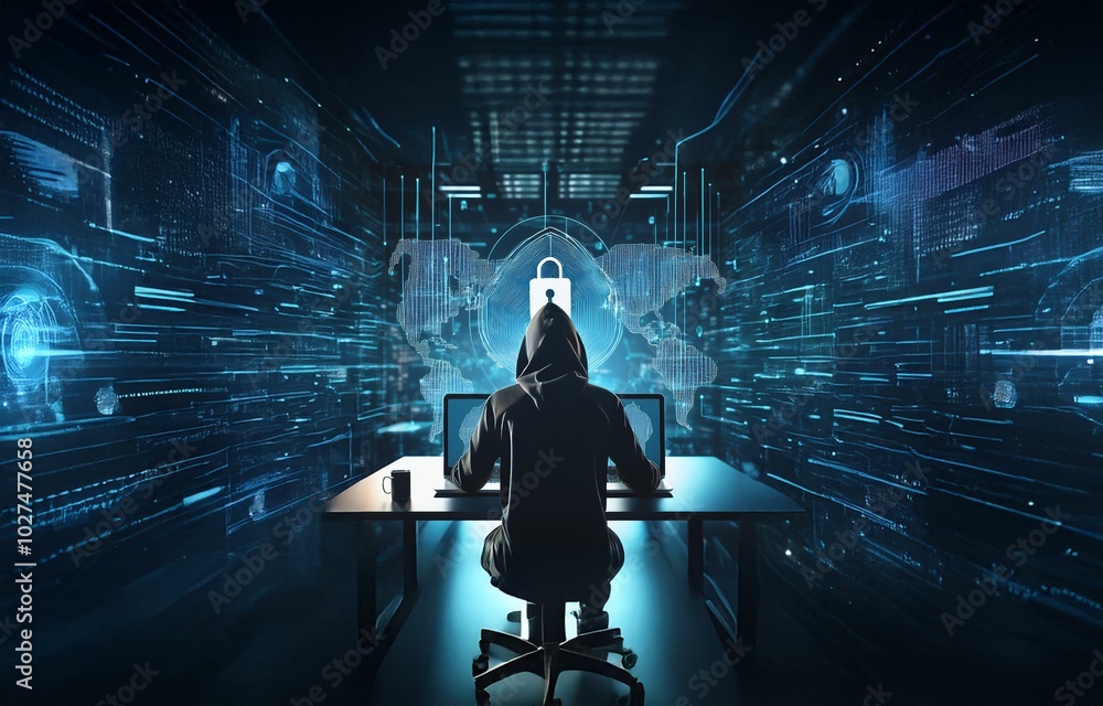 Poster a hooded figure sits at a desk, working on a laptop in front of a glowing blue background with a dig