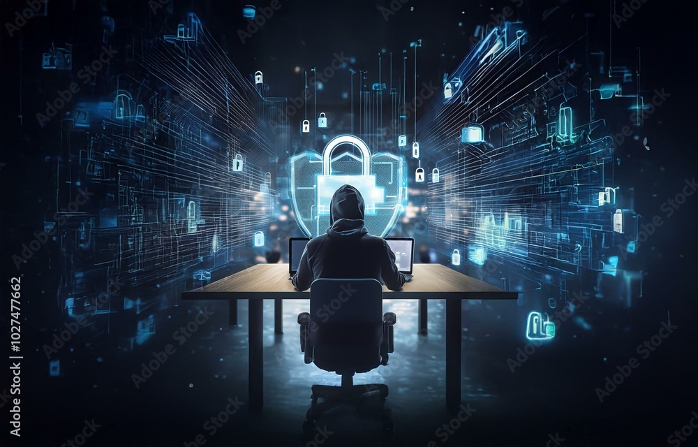 Aufkleber a hooded figure sits at a desk in a dimly lit room, typing on a laptop, with a glowing digital shiel