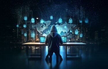 Obraz premium A hooded figure sits in front of two laptops with a glowing world map in the background, surrounded by digital lock icons.