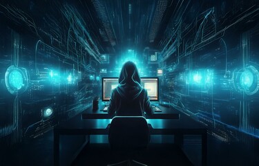 Fototapeta premium A hooded figure sits at a desk in front of two computer monitors, a blue glow emanating from the screens, surrounded by a digital world of lines and patterns.