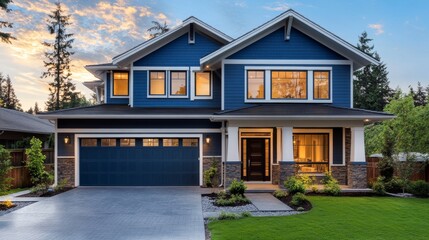 A spacious, contemporary two-story house painted dark blue, featuring a wide driveway, verdant garden, and large windows inviting in natural light as evening falls.