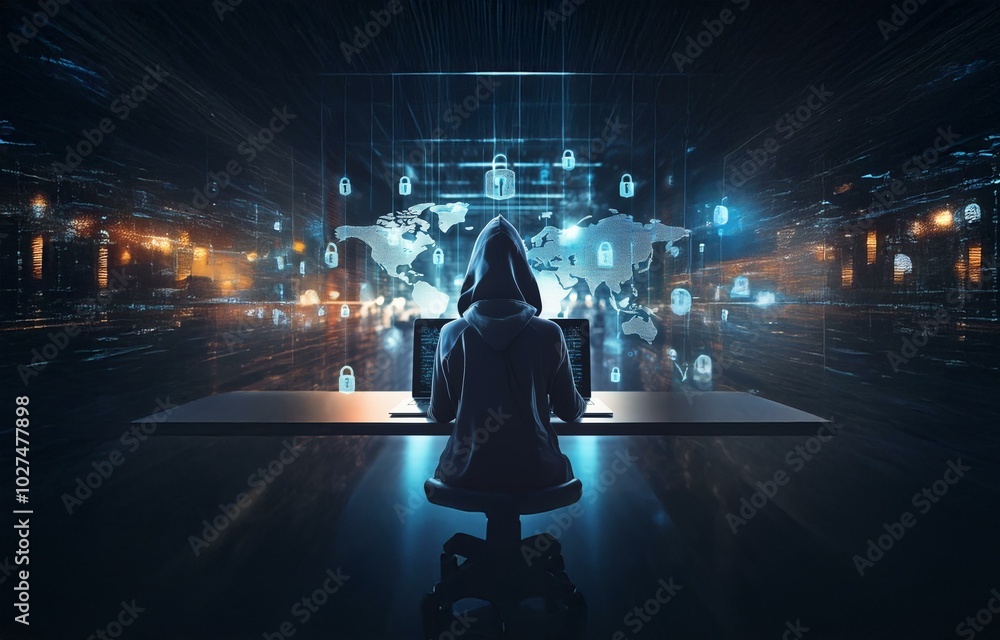 Fototapete A hooded figure sits in front of a computer screen, their face obscured, while a digital world map with glowing padlock icons fades into the background.