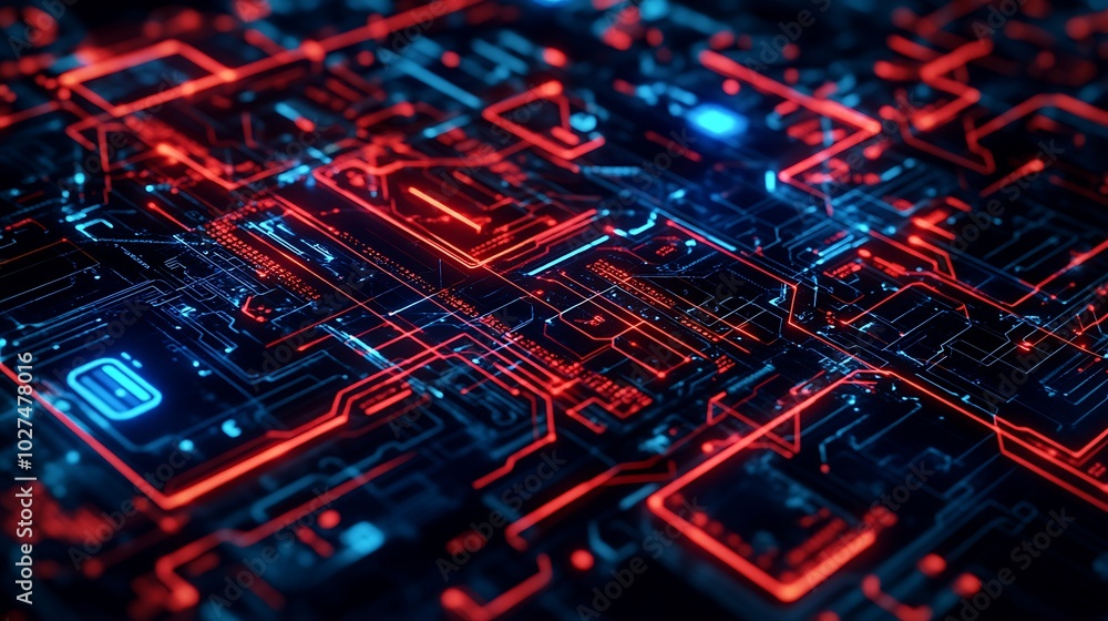 Poster abstract circuit board with red and blue glowing lines.