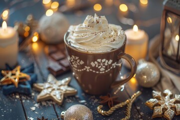 Cozy winter scene with hot chocolate and festive decor