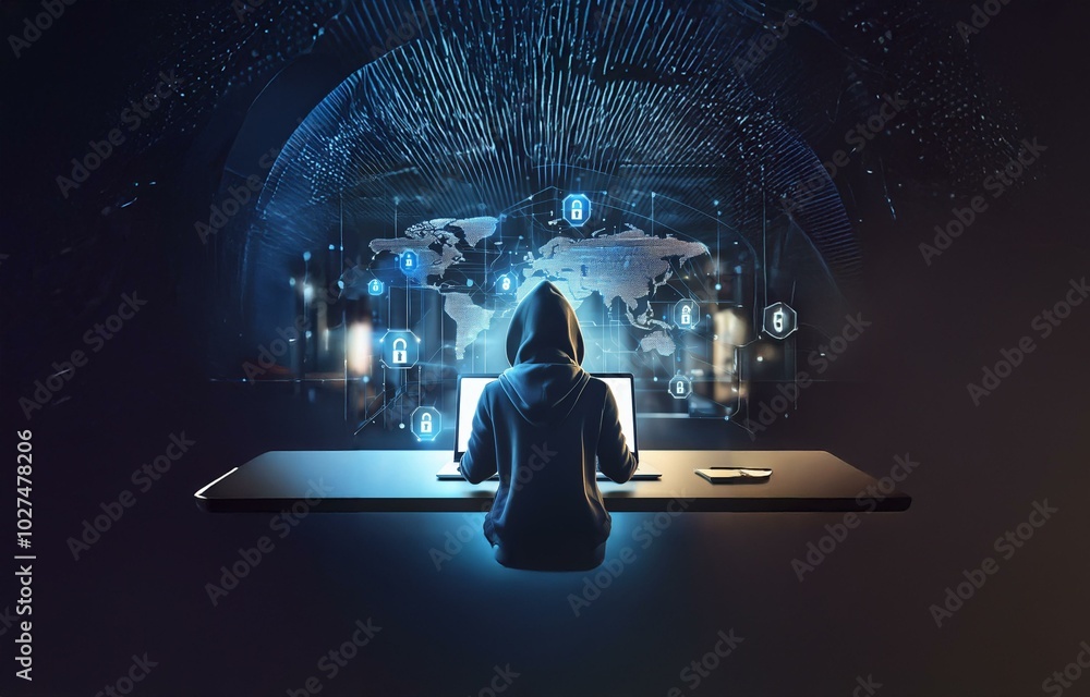 Poster a hooded figure sits in front of a laptop with a world map and lock icons behind them.