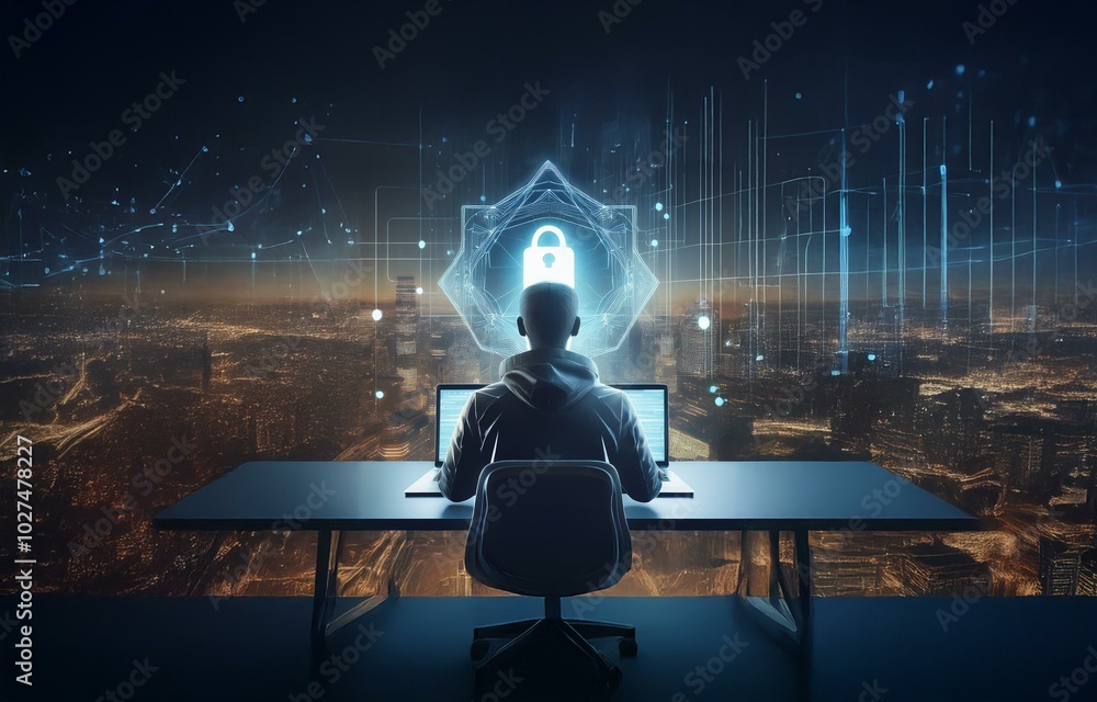Poster a person sits at a desk with a laptop facing a cityscape at night. above them, a digital padlock is 