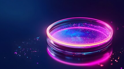 Neon Lit Petri Dish Containing Glowing Genetically Engineered Bacteria for Real Time Gene Expression Study