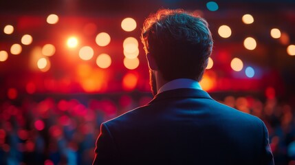 A speaker, viewed from behind, captivates an audience with passionate words on a stage lit by vibrant lights, symbolizing leadership and inspiration.