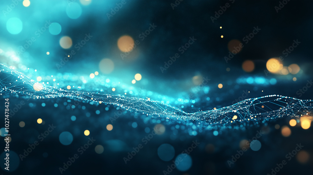 Poster abstract tech background in the form of blue waves, consisting of a large number of digital connecti