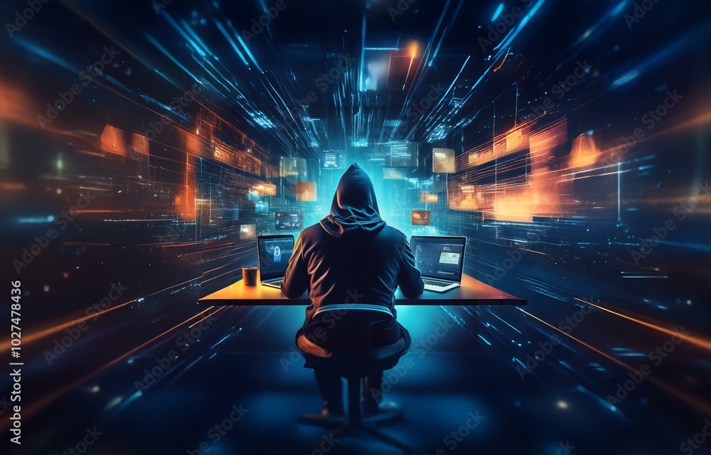 Poster a hooded figure sits in front of a laptop, surrounded by a digital landscape. the figure is working,