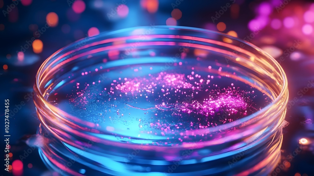 Poster genetically modified cells glowing in vibrant colors as scientists observe gene editing effects in c
