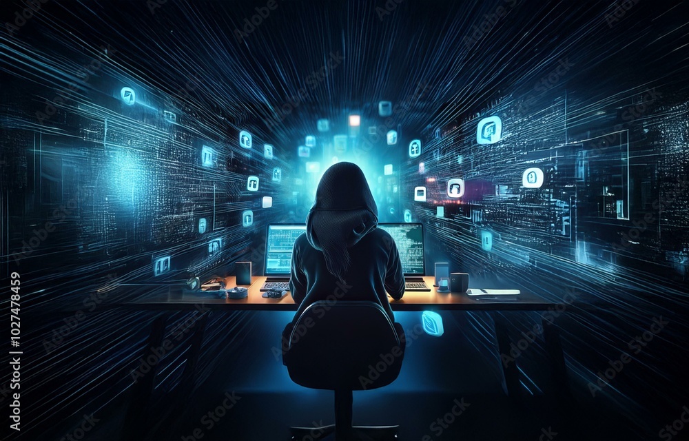 Poster a hooded figure sits at a desk, facing two computer monitors, surrounded by a glow of blue lines and