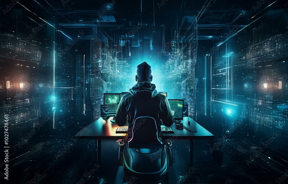 Fototapete A hooded figure sits in a darkened room, facing multiple computer monitors displaying digital information with a glowing blue background.