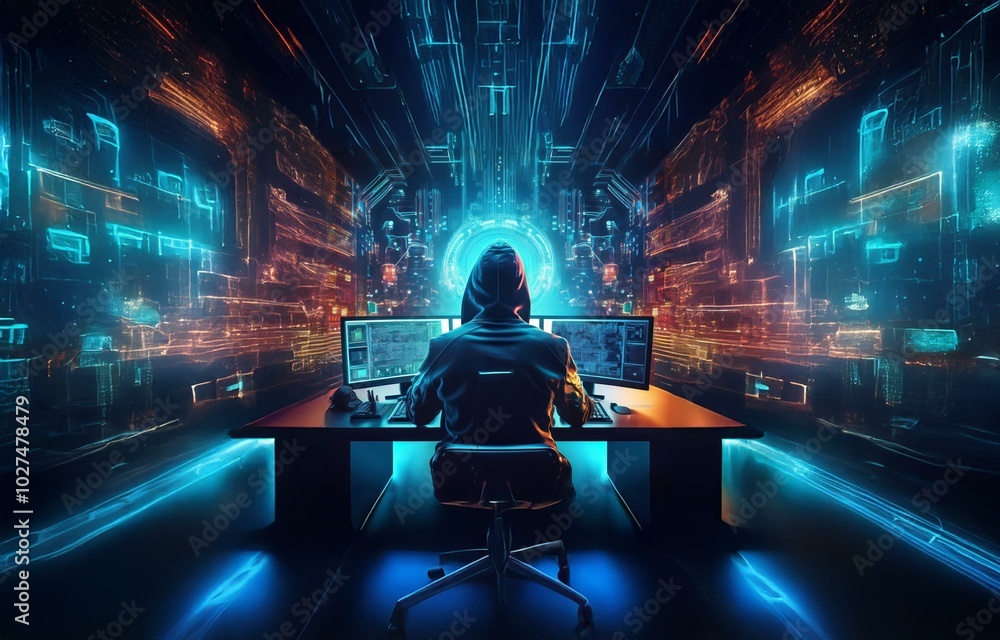 Poster a hooded figure sits in front of a computer screen, a glowing blue portal behind them.