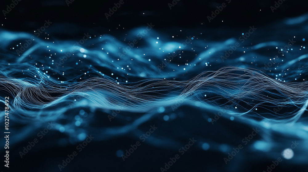 Poster abstract tech background in the form of blue waves, consisting of a large number of digital connecti