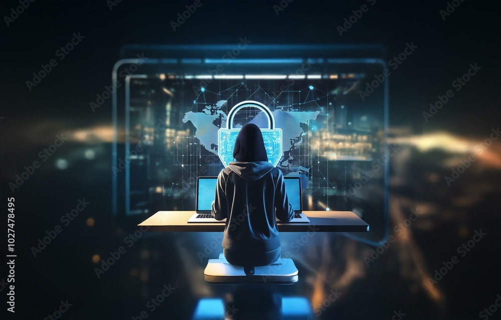 Poster a hooded figure sits at a desk, facing away from the camera, working on a computer with a glowing pa