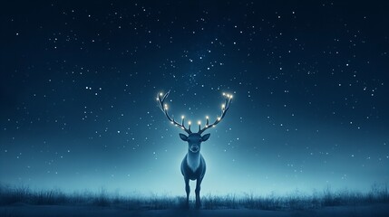 A majestic deer stands tall under a starry night sky, its antlers adorned with glowing lights.