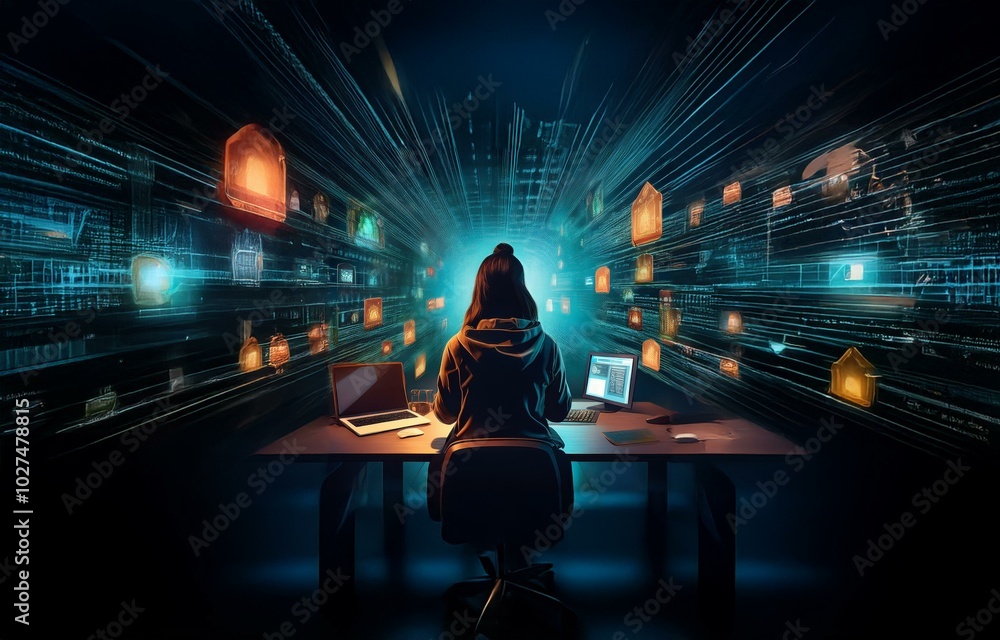 Poster a hooded figure sits in front of two monitors, bathed in blue light. the background features a digit