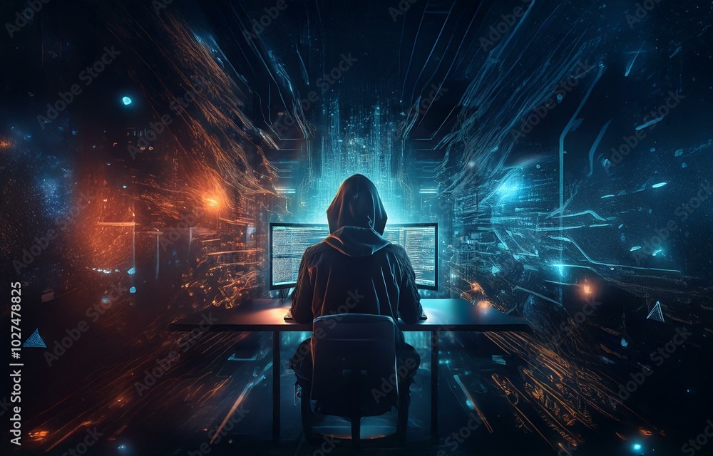 Poster a hooded figure sits at a desk, facing two computer monitors with glowing blue and orange abstract b