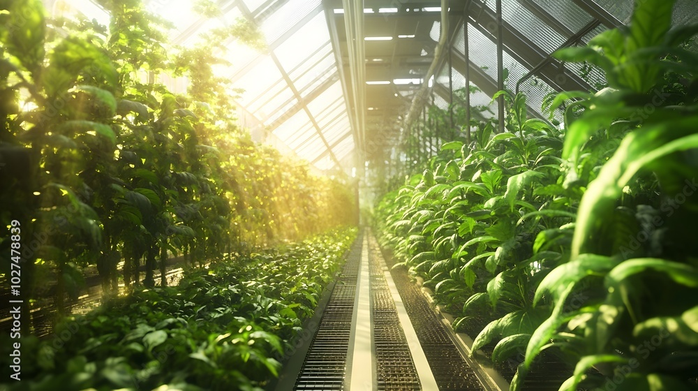 Poster futuristic greenhouse with genetically modified crops thriving in harsh climates automated systems m