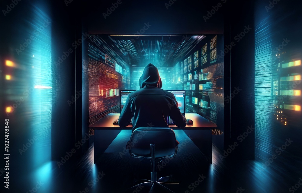 Poster a hooded figure sits in a dark room, illuminated by a bright blue light, working on a computer with 