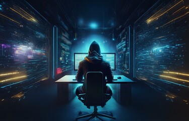 Naklejka premium A hooded figure sits at a desk, facing a computer screen in a dark room. The background features glowing blue and yellow streaks.
