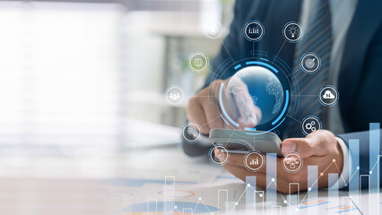 Global business concept, Businessman using digital tablet with global network connection on social networking and customer data analytics, digital marketing, Technology