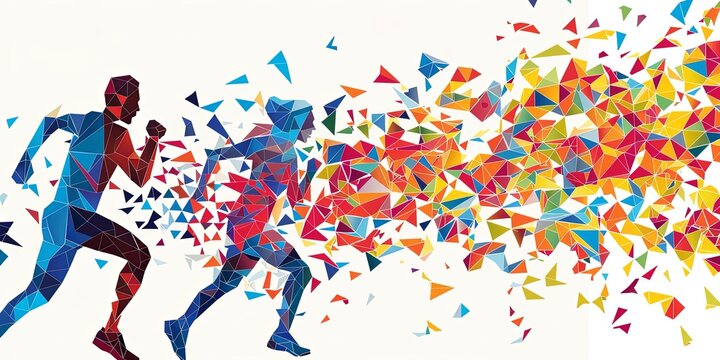 Abstract illustration of two runners with colorful geometric shapes forming a trail behind them.