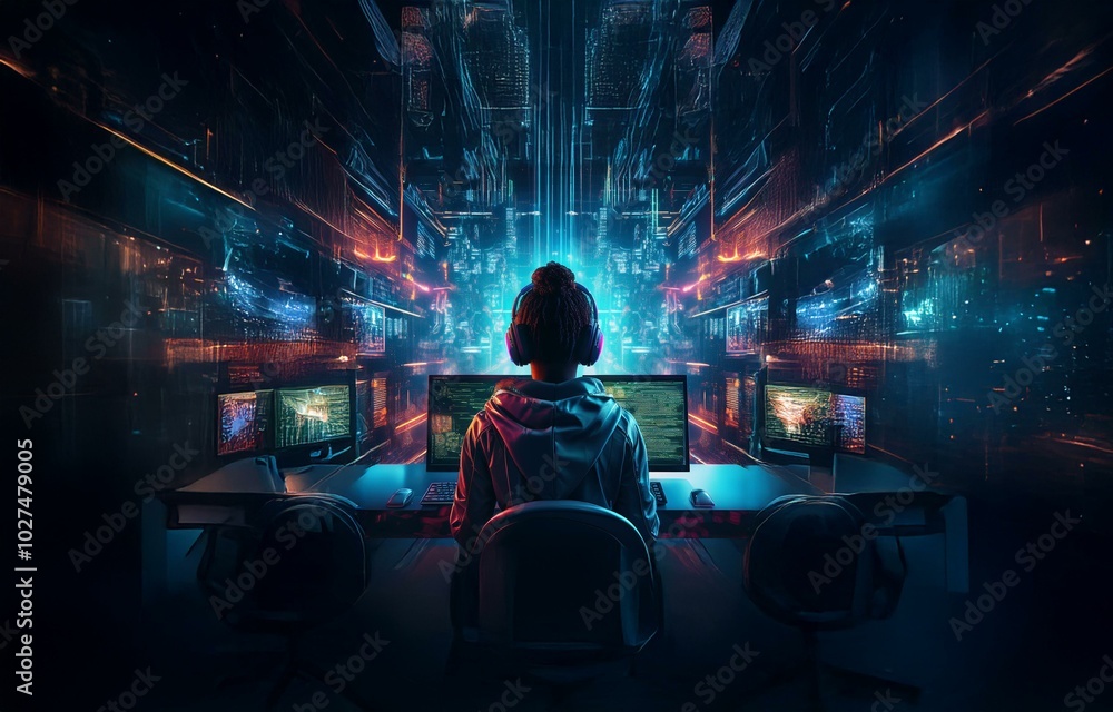 Aufkleber A person sits in a chair, back to the camera, at a computer desk in front of glowing screens with abstract glowing city lights in the background.